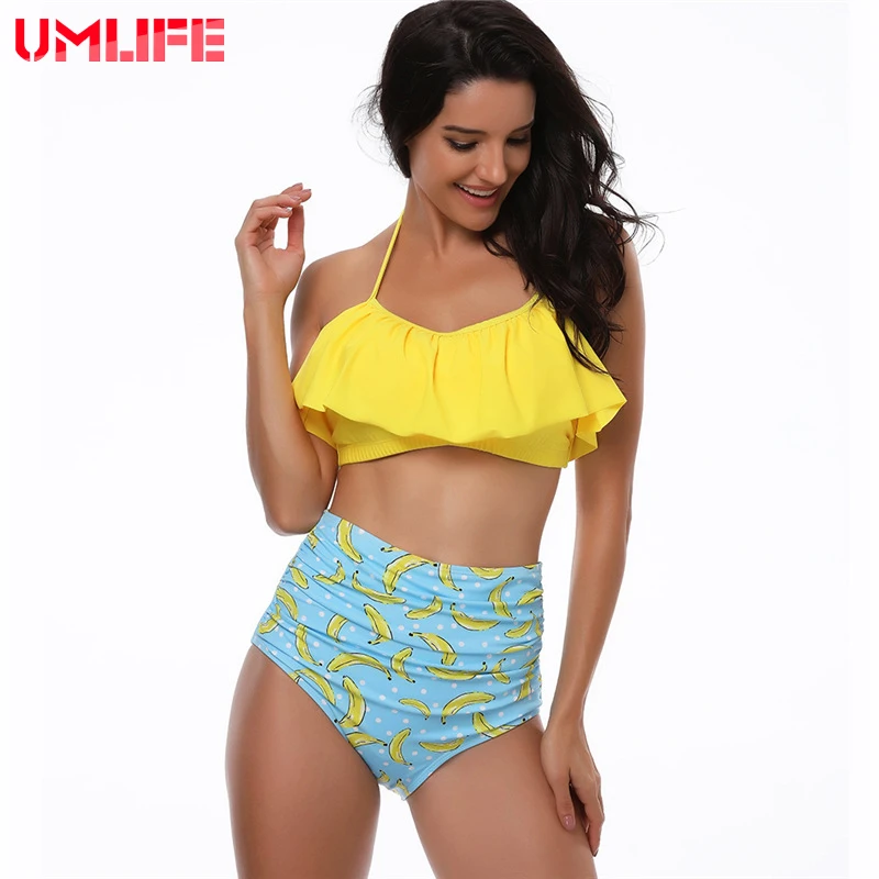 Женский купальник бикини UMLIFE комплект с двойными рюшами и открытыми плечами