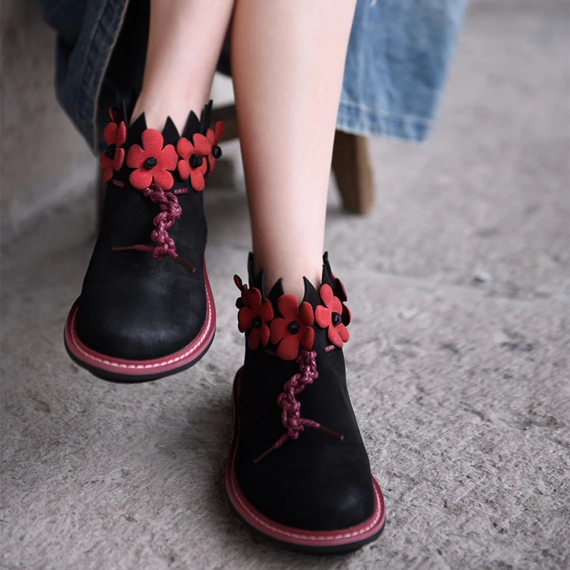 

Artmu Original Autumn Boots 2019 New Sheepskin Flat Sole Women Boots Flowers Handmade Genuine Leather Ankle Boots Black F03835