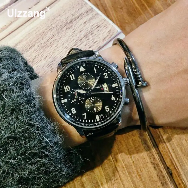 100% новый бренд модные черные наручные часы/w Календарь кожа водонепроницаемый 2