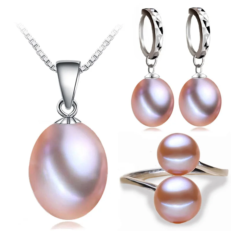 purple jewelry set Настоящий свадебный женский ювелирный набор из черного пресноводного жемчуга, наборы из натурального жемчуга, 925 серебряное ожерелье, серьги, Подарок на годовщину - Цвет камня: purple jewelry set