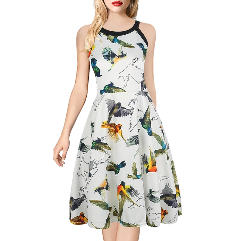 2018 женское летнее платье с принтом Птицы без рукавов круглым вырезом и лямкой на