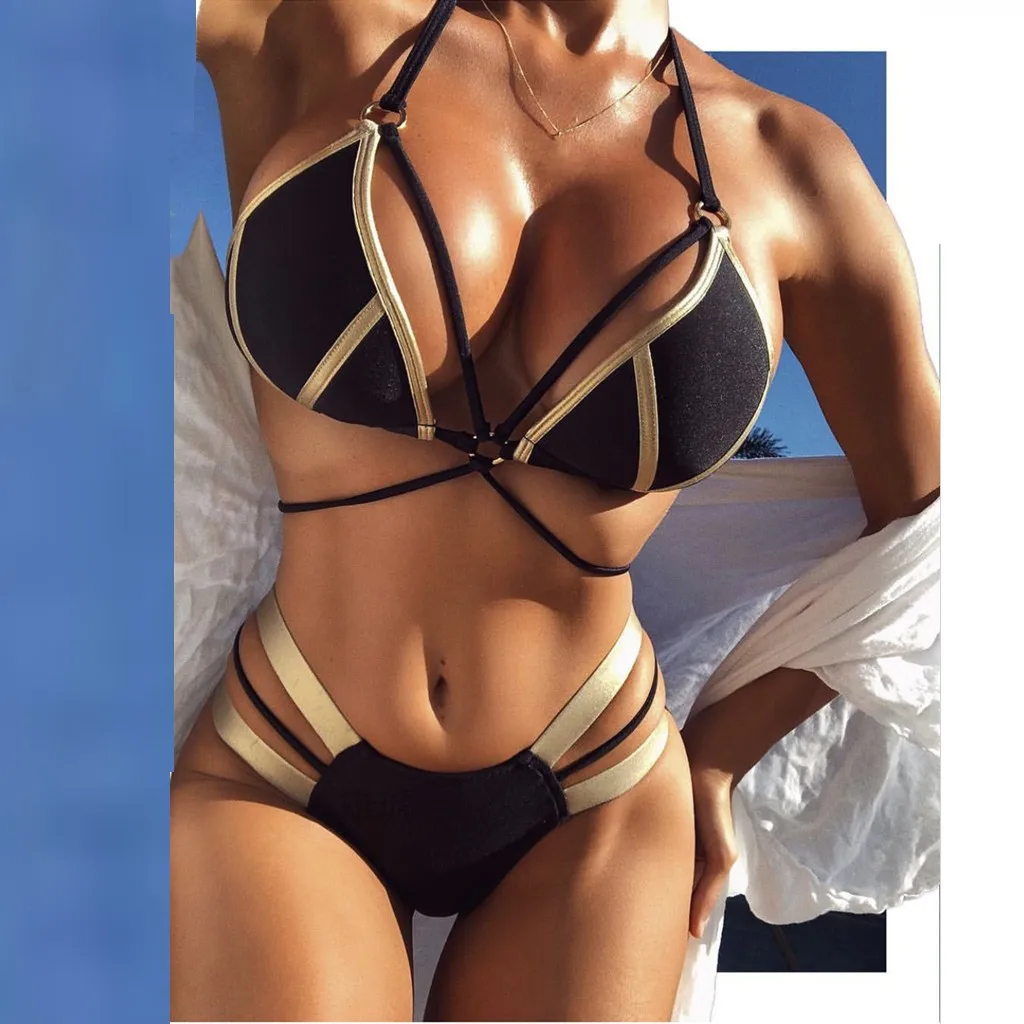 Feshion Women Sexy Bra Set Hot Stamp Sport Swimwear Push-Up Padded Hot stamping stitching casual sports sexy split swimsuit