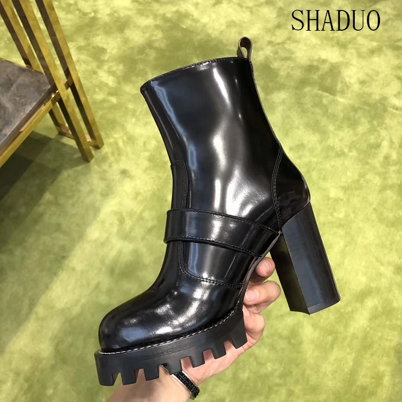 2018 shaduo высокое качество воловья кожа лакированная толстая с пряжкой сапоги