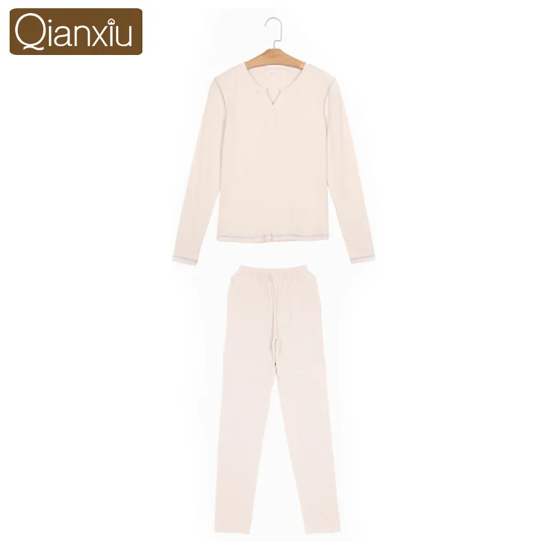 Qianxiu пара пижамы комплект пижамы Onesies v-образным вырезом полная длина нижнее белье костюм - Цвет: Women Pink
