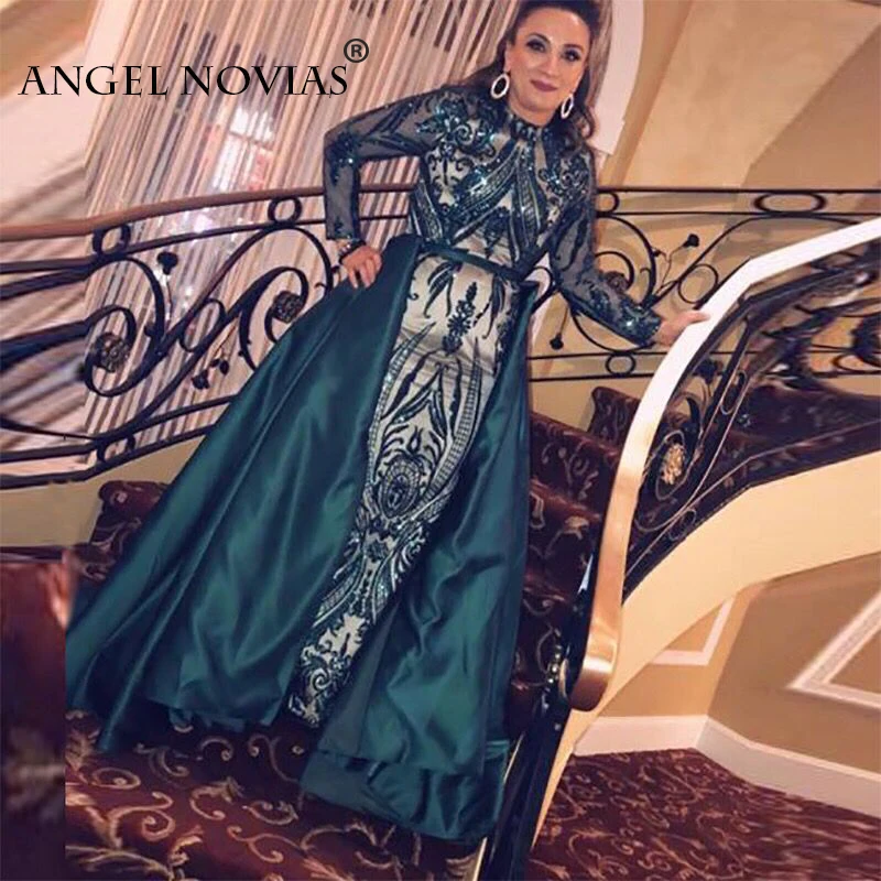 ANGEL NOVIAS Настоящее фото длинное платье с длинным рукавом и высоким воротом Abendkleider Русалка кружево мусульманские Зеленые Вечерние платья со съемной юбкой