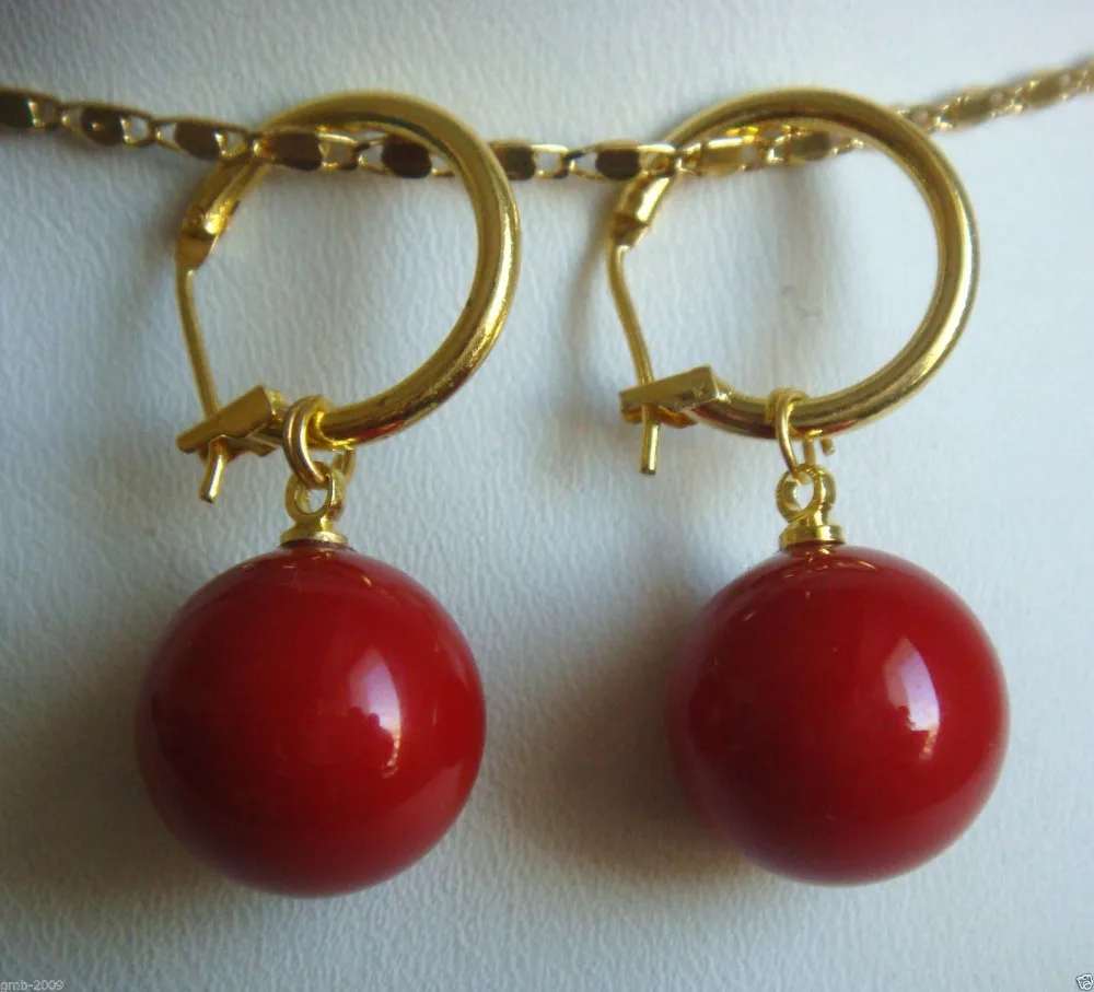 

Hot sale new Style >>>>14mm Tahitian Coral Red South Sea Shell Pearl 14 GP Earrings AAA+