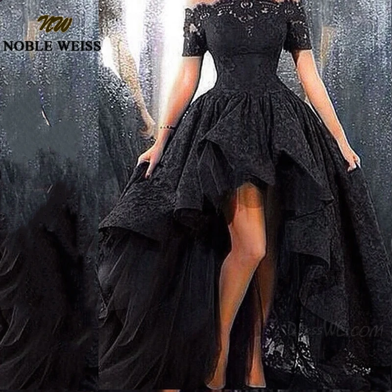 

Vintage Black Lace High Low Prom Party Dresses Off The Shoulder Dubai Evening Gowns For Women 2020 Hot Vestidos Elegantes