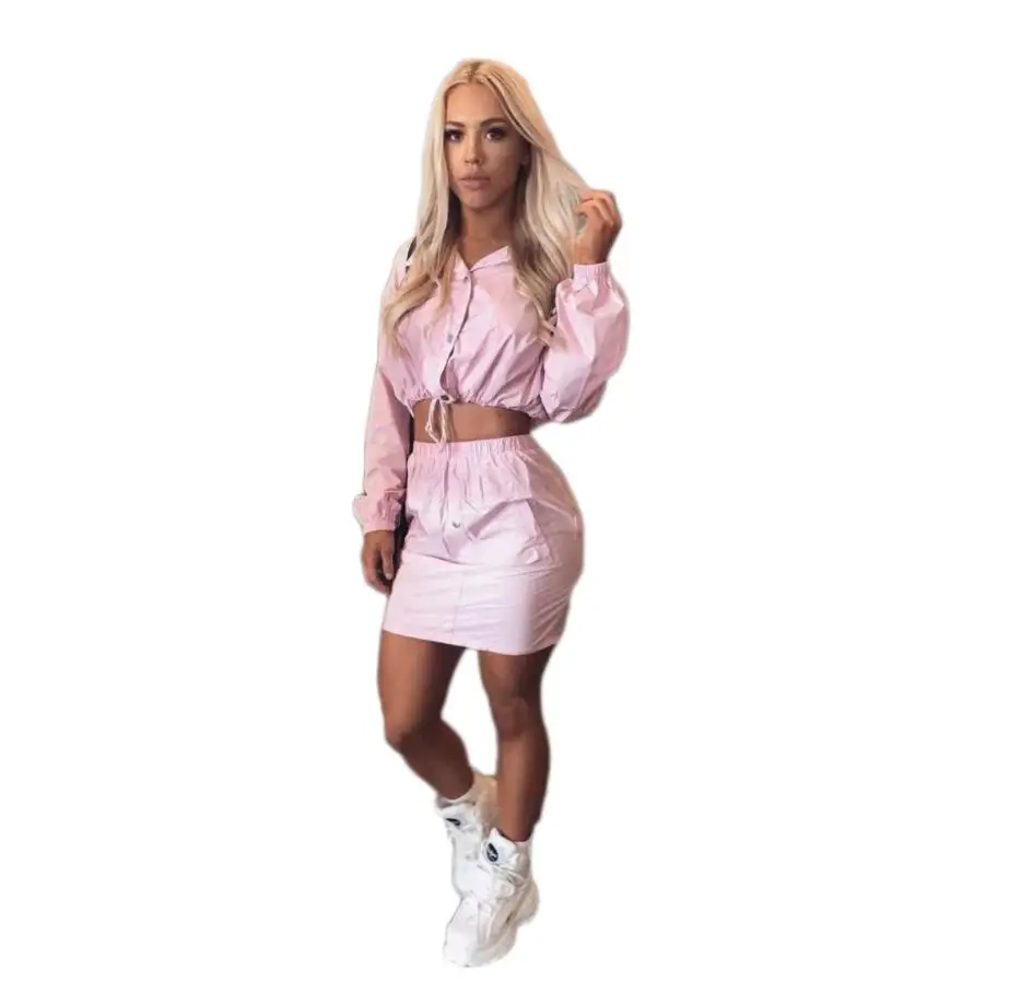 Fashion Reflective Zipper Women Two Pieces Sets 2018 Autumn Short Skirts Zip Pockets Female | Женская одежда