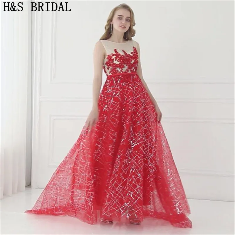 

H&S Bridal Red Sequined Prom Dresses Long 2017 Appliques Shinny Sleeveless evening party dress Women formal dress