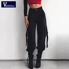 Женские брюки-карго Vangull, черные брюки-карго из хлопка с высокой талией, классические брюки с пряжкой