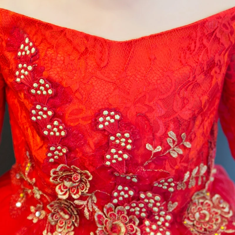 Red Royal Shoulderless Long Tailing Princess Flower Girls Dress Backless Appliques Ball Gown Kids Pageant For Wedding M44 | Детская