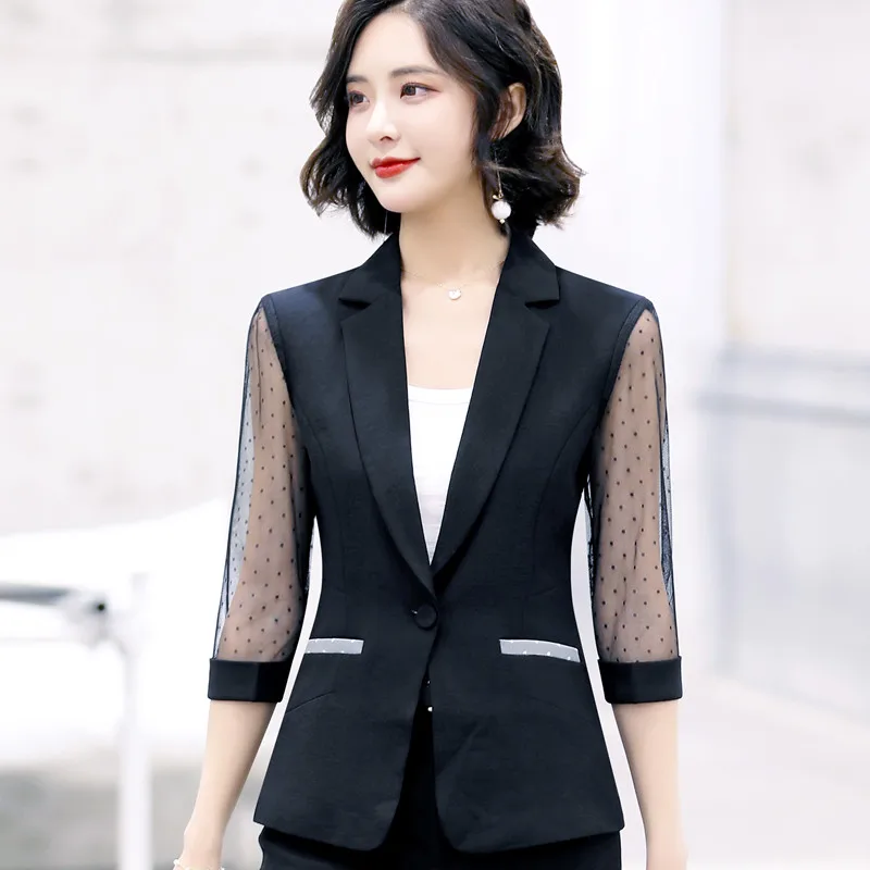 Black blazer Модный женский блейзер с кружевами в стиле пэчворк, формальный тонкий пиджак с половинным рукавом, офисный женский темперамент, деловое пальто для работы - Цвет: Black blazer