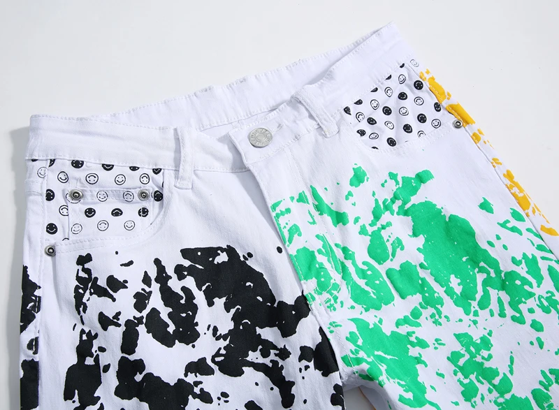 Брендовые белые мужские джинсы 2019 осенние модные узкие с принтом Мужские