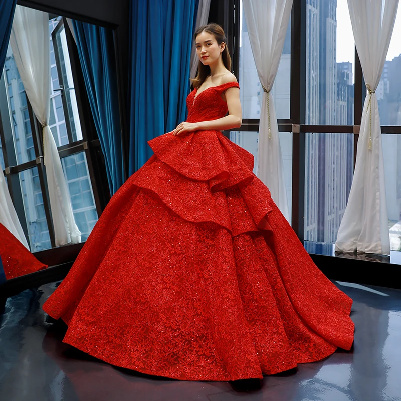 J66717 jancember evening gown off shoulder sleeveless lace up back floor length red wedding party dresses vestidos de novia 2019