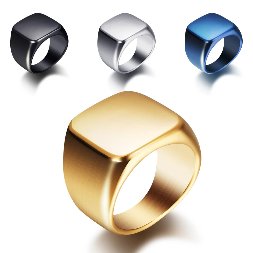 Gratis Ukiran Cincin Signet Perak/Emas/Hitam/Biru Persegi Lebar Besar Cincin Disesuaikan Mode Jari Pria Perhiasan Baja Titanium