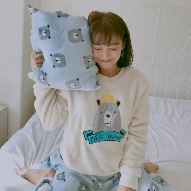 Женские пижамные комплекты с круглым вырезом, с принтом, с длинным рукавом, Kawaii, простые пижамы для женщин, Корейская зима, мультяшная Милая Домашняя одежда, Модный шик - Цвет: 7