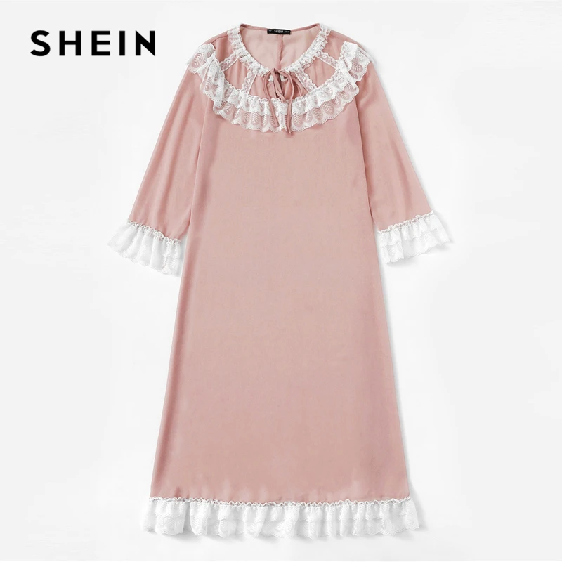 SHEIN Пижама С Контрастной Кружевной Отделкой Женские Пижамы С V-Образным Вырезом С Средним Рукавом