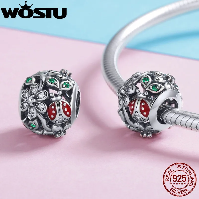 WOSTU дизайн 925 пробы серебряный ромашка и Божья коровка Шарм Бисера Подходит DIY браслет европейские серебряные ювелирные изделия подарок CQC926