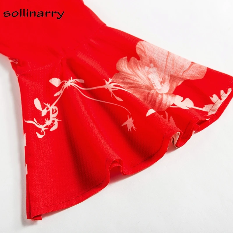 Sollinarry Sexy Lace Up Red Floral Print Women Rompers Boho Beach 2018 Summer Long Flare Sleeve Overalls V Neck Playsuits |