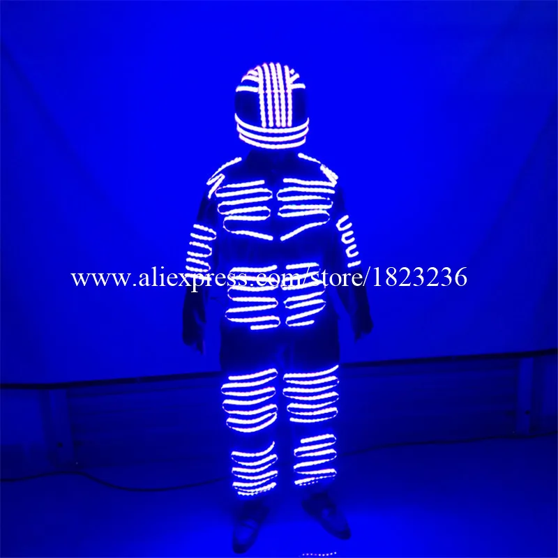 Цветной светодиодный светящийся мужской костюм робота со светодиодным шлемом
