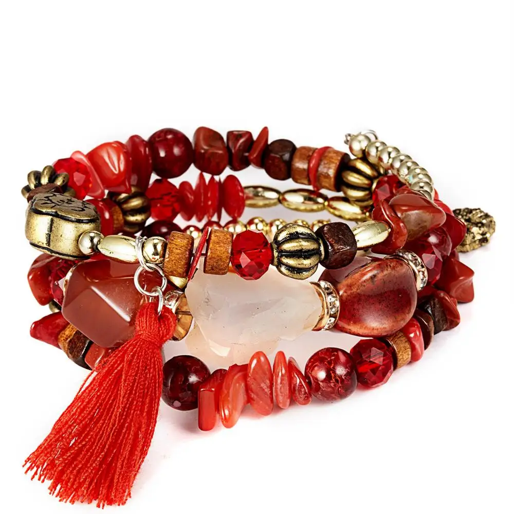 Браслет DoreenBeads многослойный из натурального камня с кисточками многоцветные
