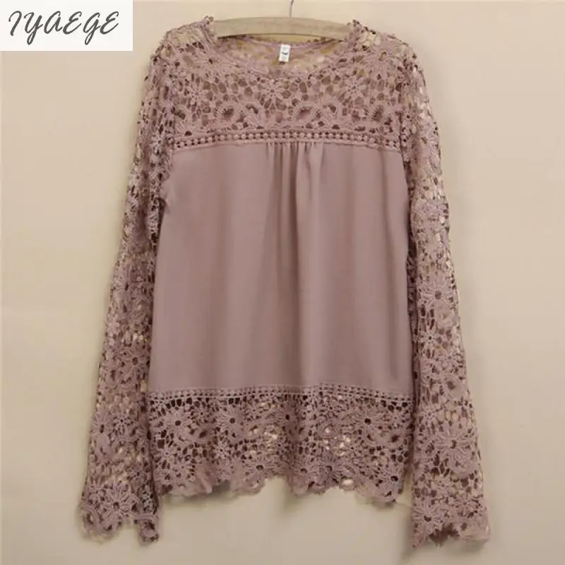 5XL Женские вязаные крючком Большие размеры шифоновые кружевные блузки рубашки с