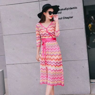 Повседневное цветное женское вязаное платье модное трикотажное высокого