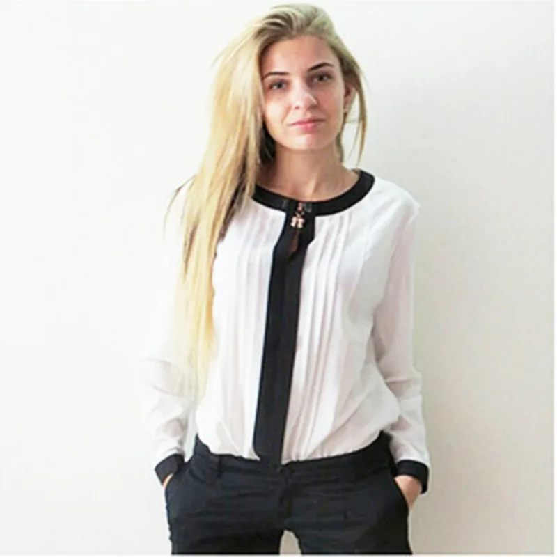 2019 Модные женские блузки с круглым вырезом и длинными рукавами шифоновая рубашка