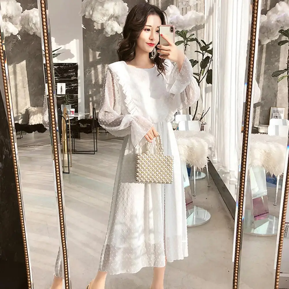 

Ruffles Polka Dot Women Chiffon Skirts Elastic Waist Flare Sleeve Female Long Vestidos Retro A-line Women Skirts 2019