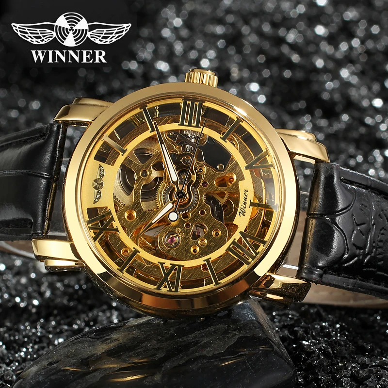 Мужские автоматические механические часы скелетоны WINNER золотистые черные