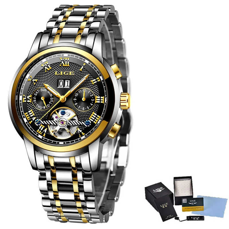 

LIGE New Men's Watch Sport Waterproof Automatic Mechanical Watch Stainless Steel Hollow Automatic Wrist Watches Horloges Mannen
