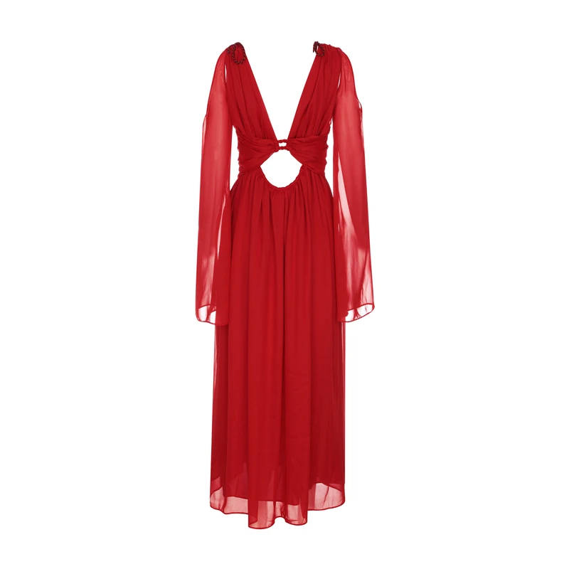 

New Fashion Hot Selling Elegant Red Deep V-Neck Hollow Out Dress 2019 Summer Women Long Sleeve Party Dress Vestidos Wholesale