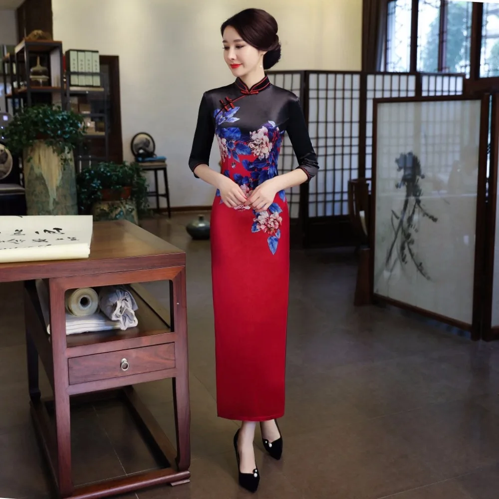 Fengmeisi Для женщин Cheongsam Длинные Qipao китайское традиционное платье Oriental печати