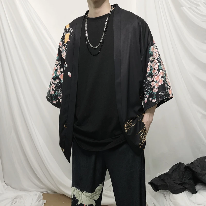 

Summer men loose cardigan japanese kimono jackets coat high street hip hop casual outerwear print kimono cardigan