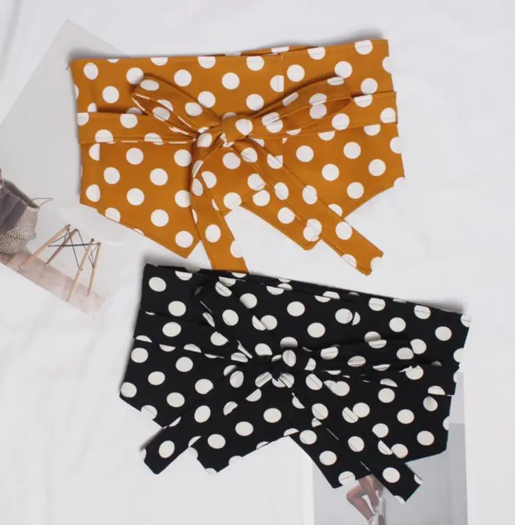 Vintage Dot Print Cummerbund Women Fashion Bandage Bow Chain Wide Belts for Women Pearl Buckle Belt Women's Clothing Accessories