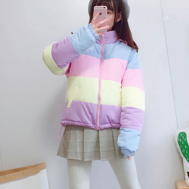 2019 Rainbow colorful Cotton Padded Parkas Women Autumn Winter Detachable hat Coat  Macaron Pastel Panel Puffer Jacket Coats