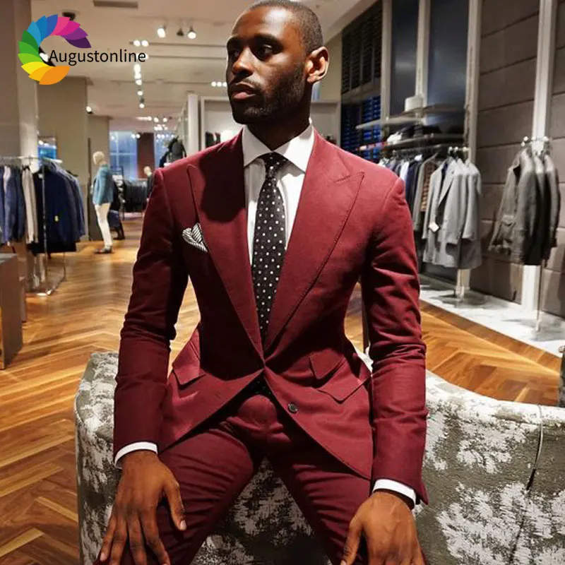 

Simple Custom Made Burgundy Men Suits Wide Peaked Lapel Groom Wedding Suits Tuxedo 2 Piece Jacket Pants Best Men Blazers Ternos