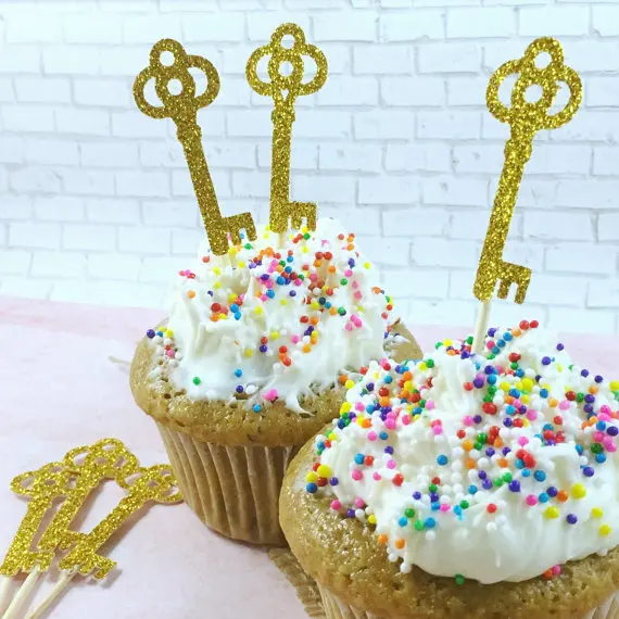 

glitter gold key birthday cupcake toppers wedding bridal shower party decoration doughnut dessert picks