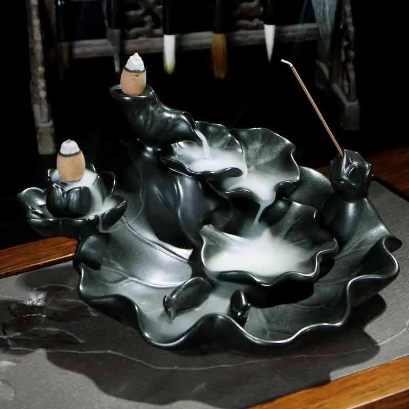 

Lotus Leaf Backflow Incense Holder Smoke Waterfall Incense Burner Holder Ceramic Censer Mountain River Handicraft Incense Holder