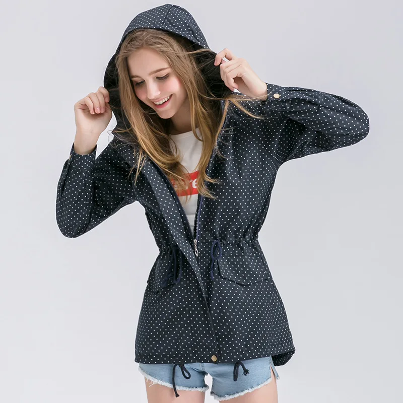 Женский тонкий Тренч в горошек трапециевидный средней длины с длинным рукавом и