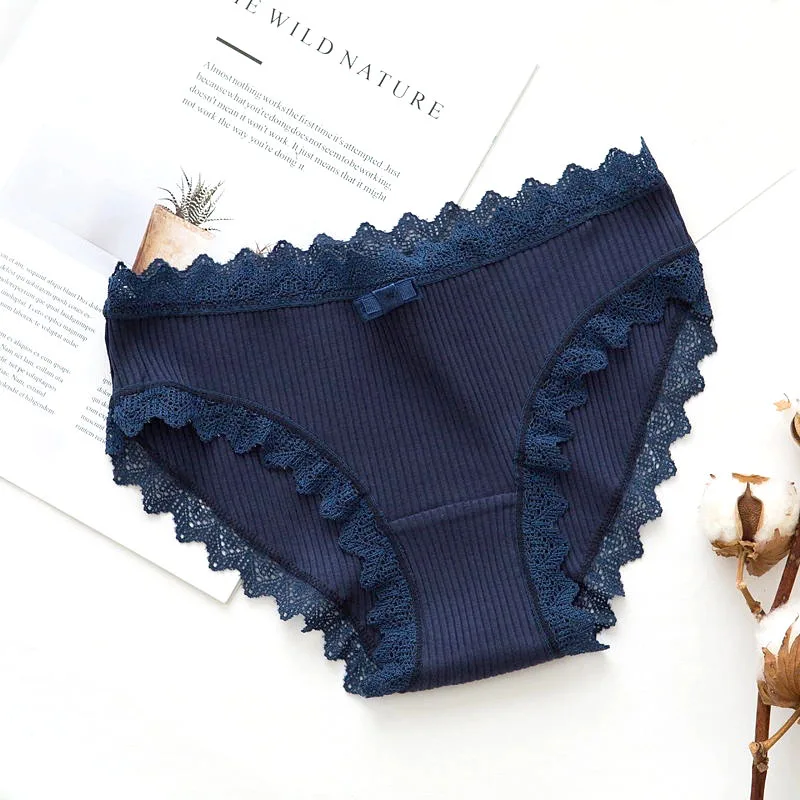 Sexy Lace Panties Women's Cotton Ultra Soft Briefs Bikini Seamless Cute Bow Girls Briefs Soft Comfort Lingerie Fashion Women - Color: Blue