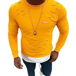 Футболка мужская асимметричная с длинным рукавом, пэчворк, эластичная однотонная с круглым вырезом, двойка с дырками, весна 2021