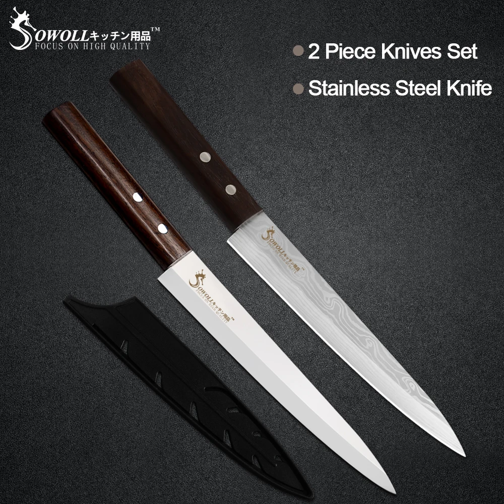 

Sowoll 8-дюймовый Нож для сашими из нержавеющей стали, Бесплатная крышка, острое высокоуглеродное лезвие, суши, рыба, мясо, лосось, кухонные инст...