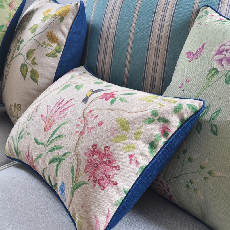 

American style Rural Home Decorative Linen Cushion Cover Retro Flowers Stripe Pattern Pillow Case Sofa Chair Waist Pillow cover