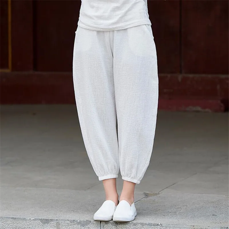 

New 2022 Summer Ankle-length Baggy Lantern Trousers Cotton Linen Pure Pants Maxi Knickers Autumn