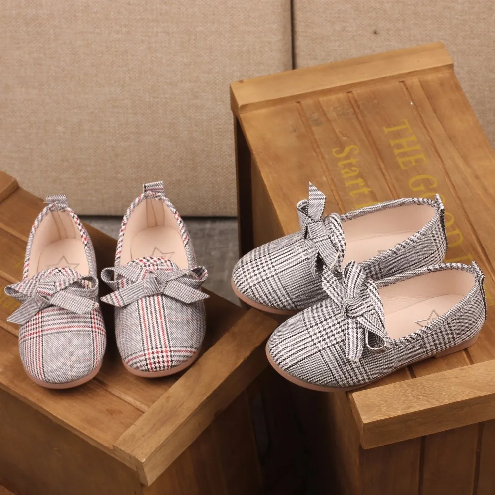 New Spring Autumn Girls Shoes All-match Kids Fashion Children Princess Lady With Bow-knot Flats Striped Grid | Детская одежда и