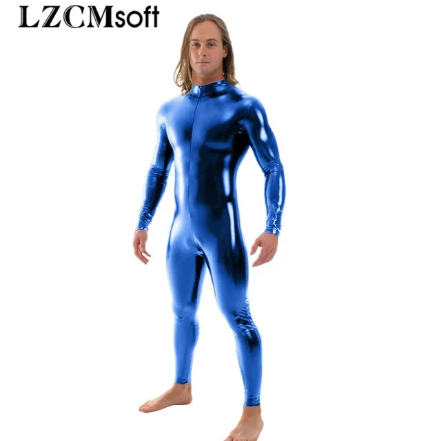 Royal Blue LZCMsoft мужские блестящие металлические Косплей Unitard полное тело зентай костюм основные сценические костюмы на молнии спереди Боди Колготки - Цвет: Royal Blue