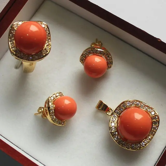 wholesale noble jewelry set 18KGP+12-14mm orange shell pearl ring pendant &amp stud earring jade | Украшения и аксессуары