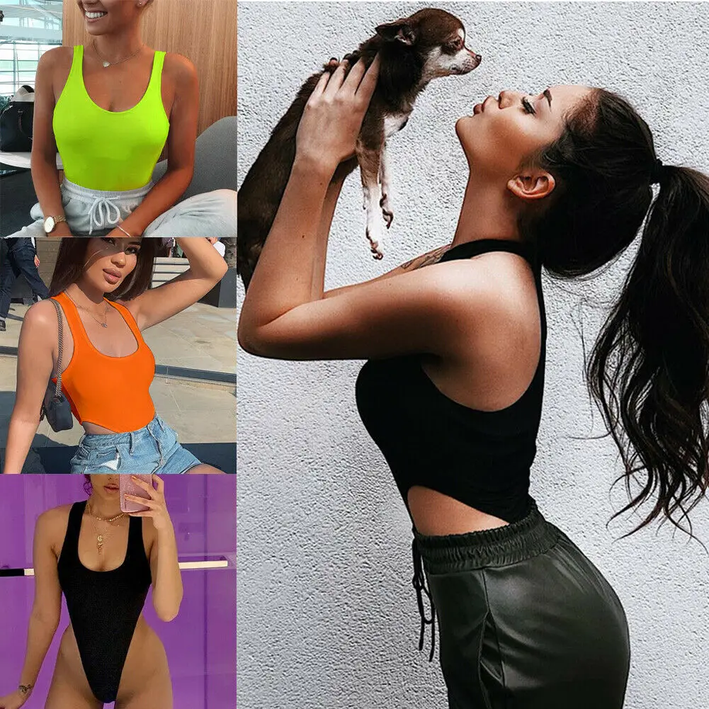 Sexy Jogger Women Plain Halter Deep O Neck High Cut Split Silt Racer Muscle Back Bodysuit Leotard Top Stretch Sleeveless Jumper | Женская
