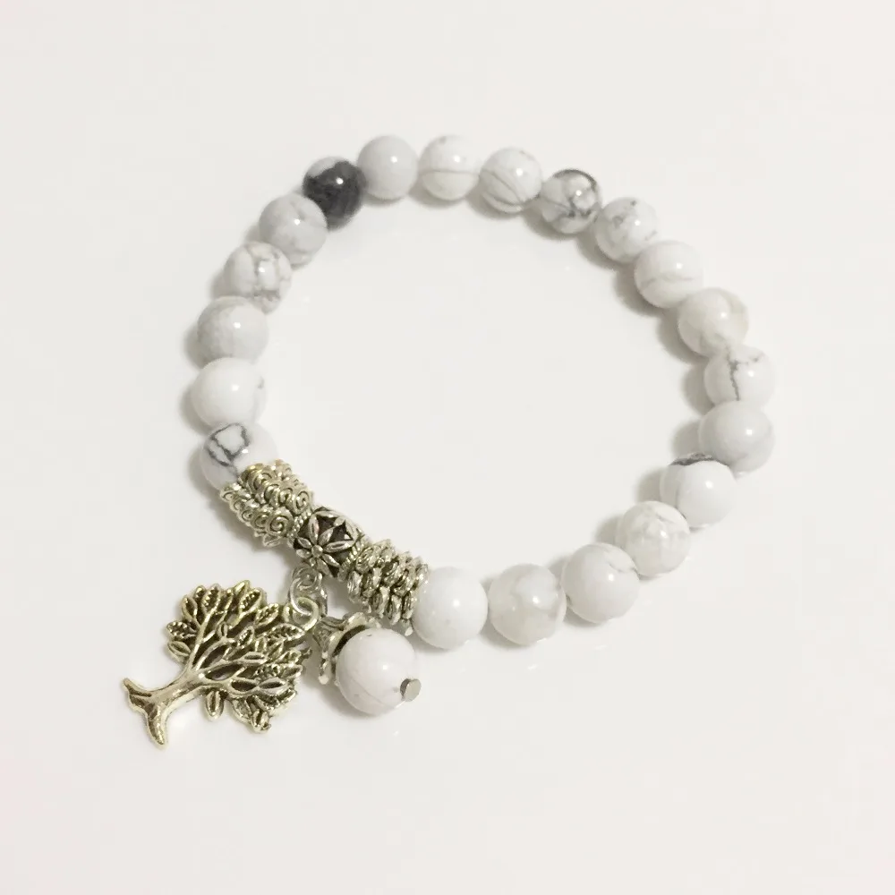 Круглый шар Mala Beads Белый Howlite камень Strecth браслеты с деревом тибетская кожа